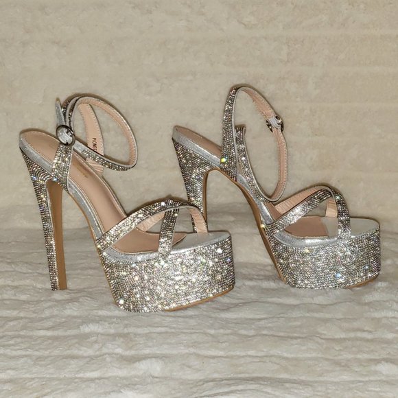 Bejeweled Pandora Silver Rhinestone Platform 6.5" Heels Defects - Picture 7 of 17